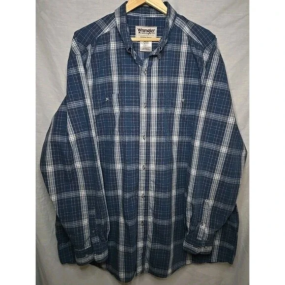 Wrangler Rugged Wear Wrinkle Resist Long Sleeve Button Shirt, Sz 2XT, Plaid Blue - Picture 1 of 8